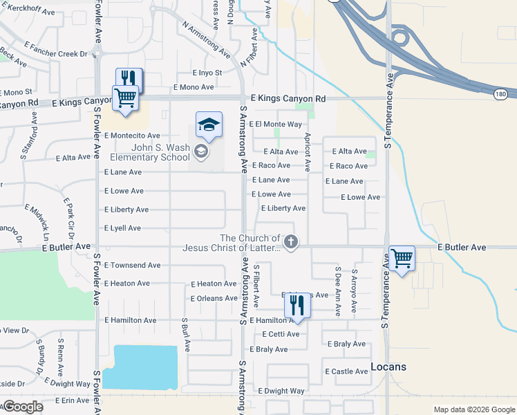 map of restaurants, bars, coffee shops, grocery stores, and more near 6569 East Lowe Avenue in Fresno