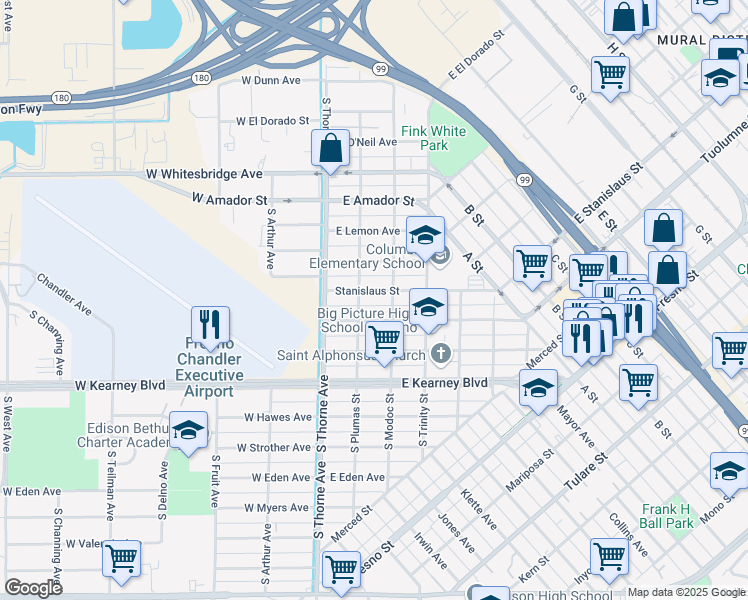 map of restaurants, bars, coffee shops, grocery stores, and more near 121 East Stanislaus Street in Fresno
