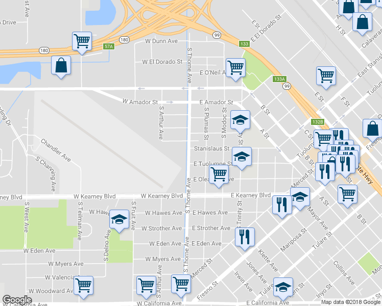 map of restaurants, bars, coffee shops, grocery stores, and more near 31 East Stanislaus Street in Fresno