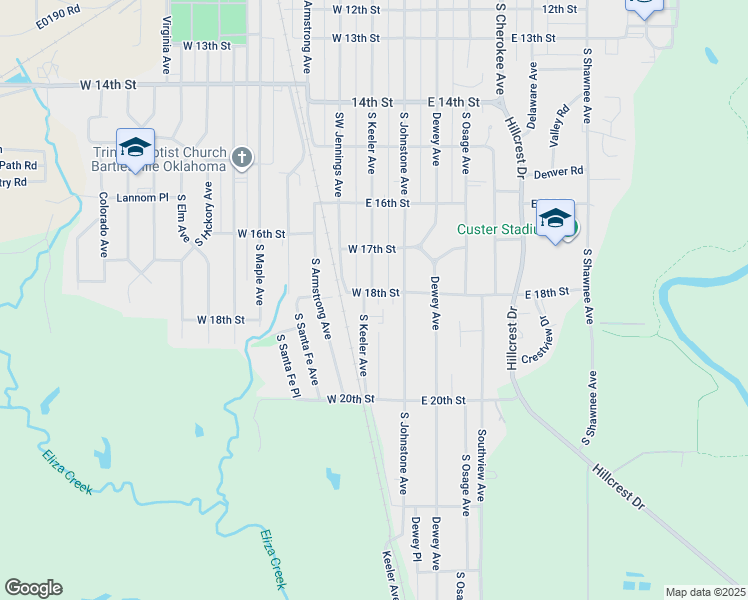 map of restaurants, bars, coffee shops, grocery stores, and more near 1732 South Keeler Avenue in Bartlesville