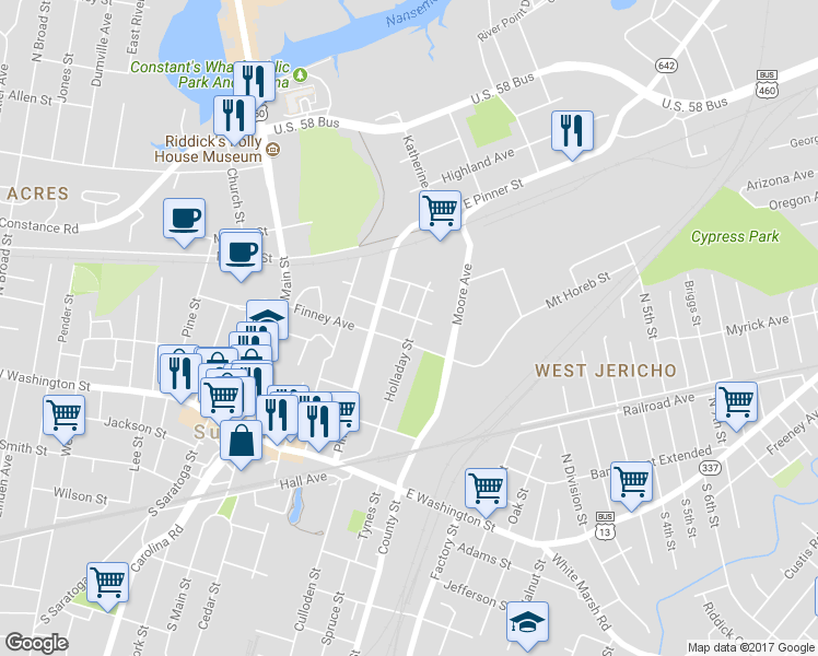 map of restaurants, bars, coffee shops, grocery stores, and more near 277 Holladay Street in Suffolk