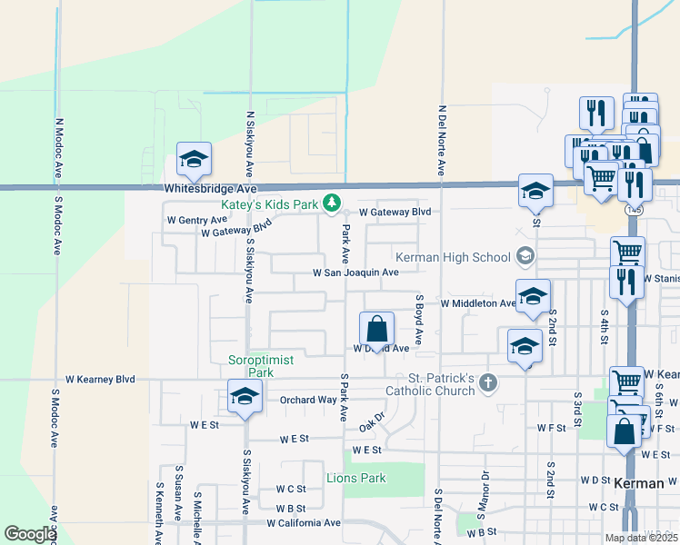 map of restaurants, bars, coffee shops, grocery stores, and more near 298 Park Avenue in Kerman