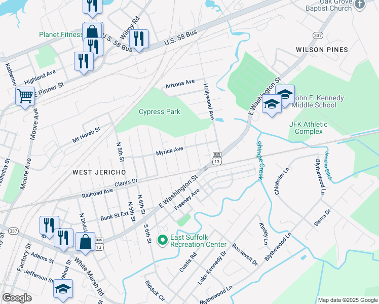 map of restaurants, bars, coffee shops, grocery stores, and more near 320 Fuller Street in Suffolk