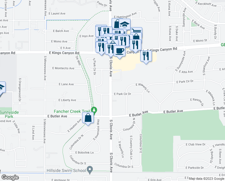 map of restaurants, bars, coffee shops, grocery stores, and more near 1169 South Clovis Avenue in Fresno