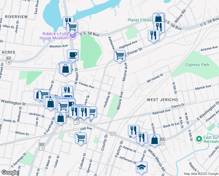 map of restaurants, bars, coffee shops, grocery stores, and more near 277 Holladay Street in Suffolk