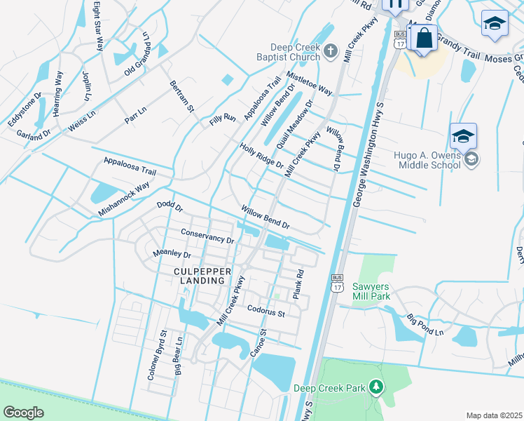 map of restaurants, bars, coffee shops, grocery stores, and more near 605 Willow Bend Drive in Chesapeake