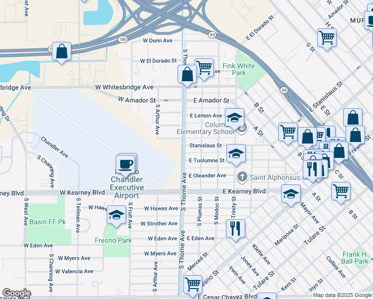 map of restaurants, bars, coffee shops, grocery stores, and more near 31 East Stanislaus Street in Fresno