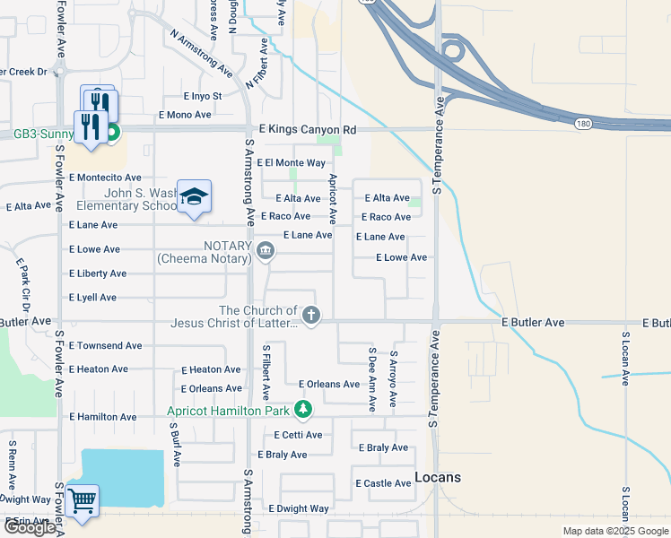 map of restaurants, bars, coffee shops, grocery stores, and more near 342 East Liberty Avenue in Fresno