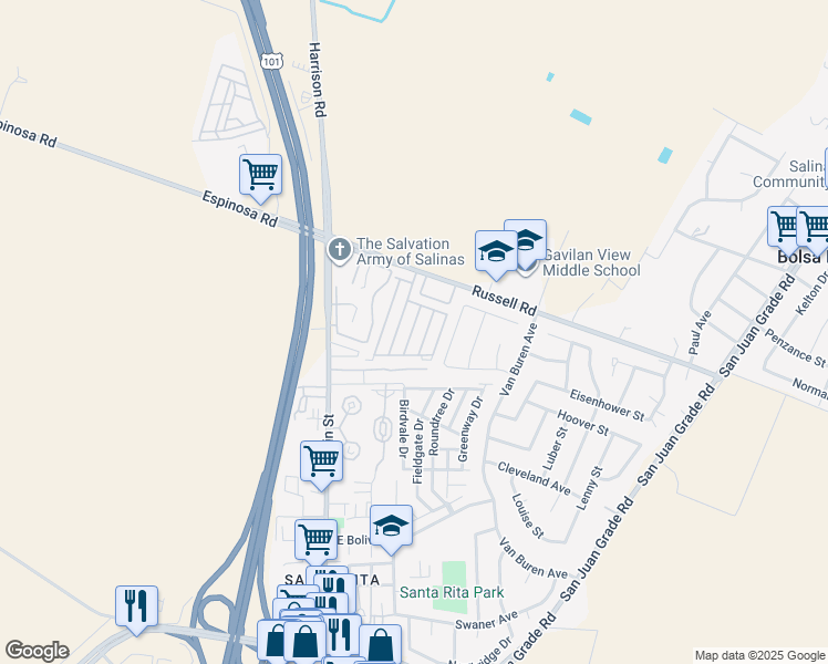 map of restaurants, bars, coffee shops, grocery stores, and more near 20 Russell Road in Salinas