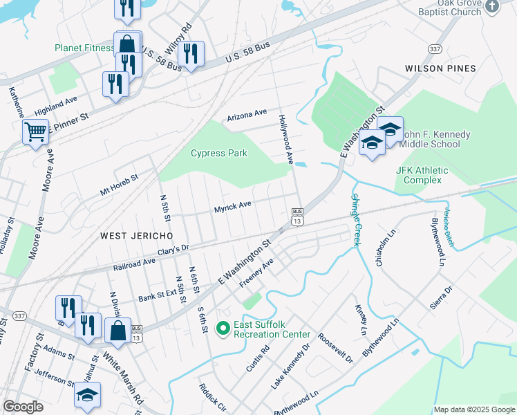 map of restaurants, bars, coffee shops, grocery stores, and more near 320 Fuller Street in Suffolk