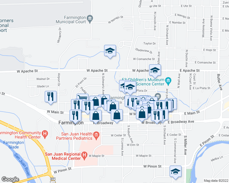 map of restaurants, bars, coffee shops, grocery stores, and more near 611 West La Plata Street in Farmington