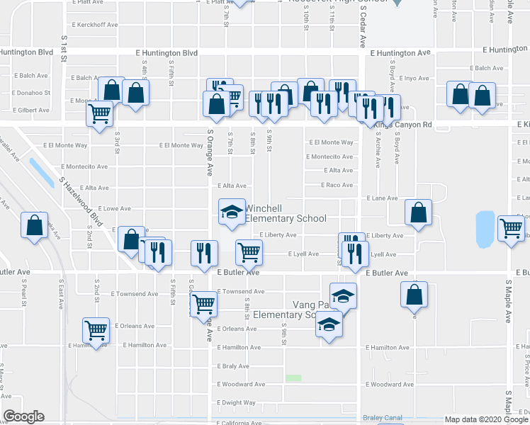 map of restaurants, bars, coffee shops, grocery stores, and more near 1044 South 9th Street in Fresno