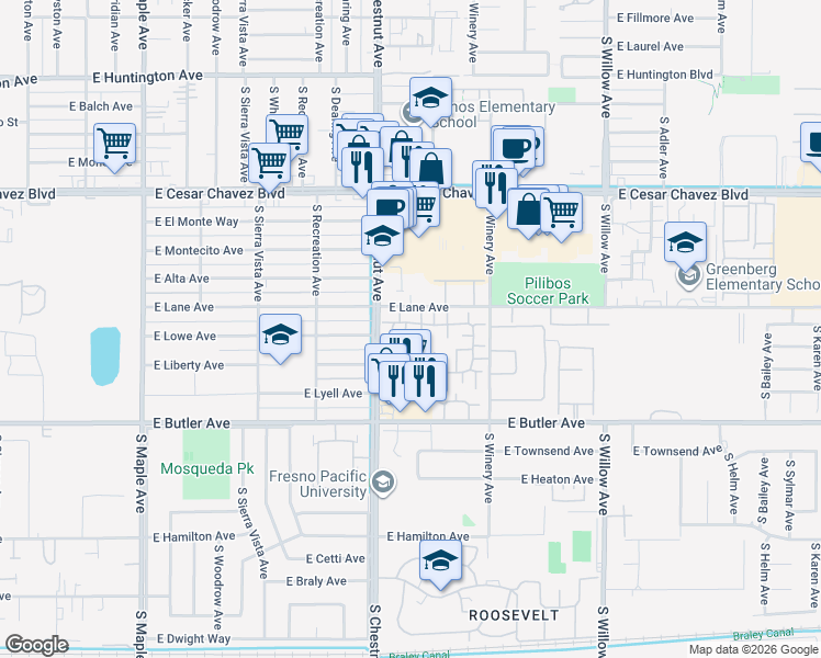 map of restaurants, bars, coffee shops, grocery stores, and more near 4860 East Lane Avenue in Fresno
