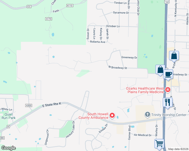 map of restaurants, bars, coffee shops, grocery stores, and more near 2126 Cambridge Drive in West Plains