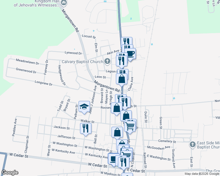 map of restaurants, bars, coffee shops, grocery stores, and more near 700 North High Street in Franklin