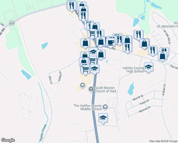 map of restaurants, bars, coffee shops, grocery stores, and more near 3112-3150 Halifax Road in South Boston