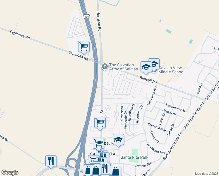 map of restaurants, bars, coffee shops, grocery stores, and more near 2414 North Main Street in Salinas