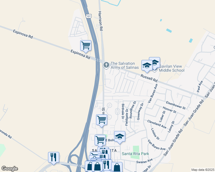 map of restaurants, bars, coffee shops, grocery stores, and more near 2398 North Main Street in Salinas