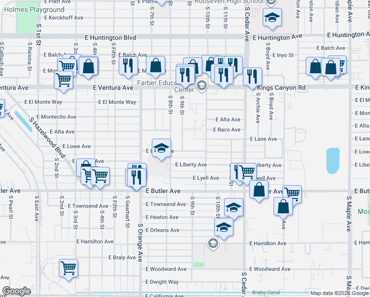 map of restaurants, bars, coffee shops, grocery stores, and more near 1035 South 9th Street in Fresno
