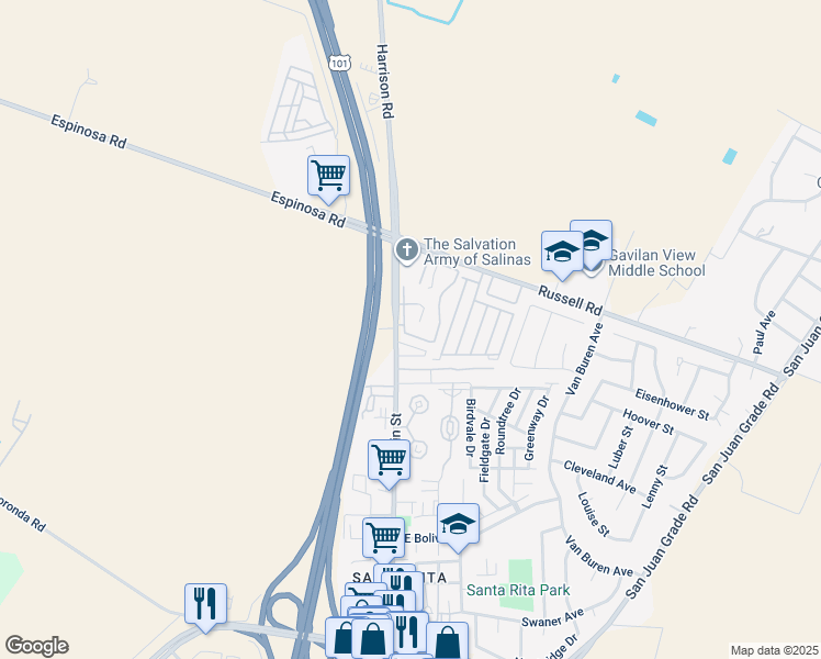 map of restaurants, bars, coffee shops, grocery stores, and more near 2398 North Main Street in Salinas