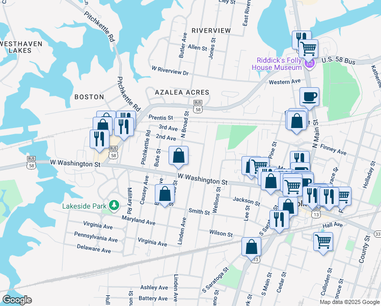 map of restaurants, bars, coffee shops, grocery stores, and more near 552 1st Avenue in Suffolk