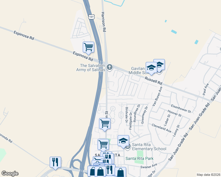 map of restaurants, bars, coffee shops, grocery stores, and more near 2402 North Main Street in Salinas