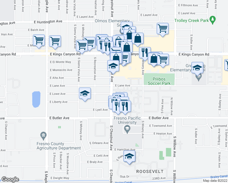 map of restaurants, bars, coffee shops, grocery stores, and more near 1151 South Chestnut Avenue in Fresno