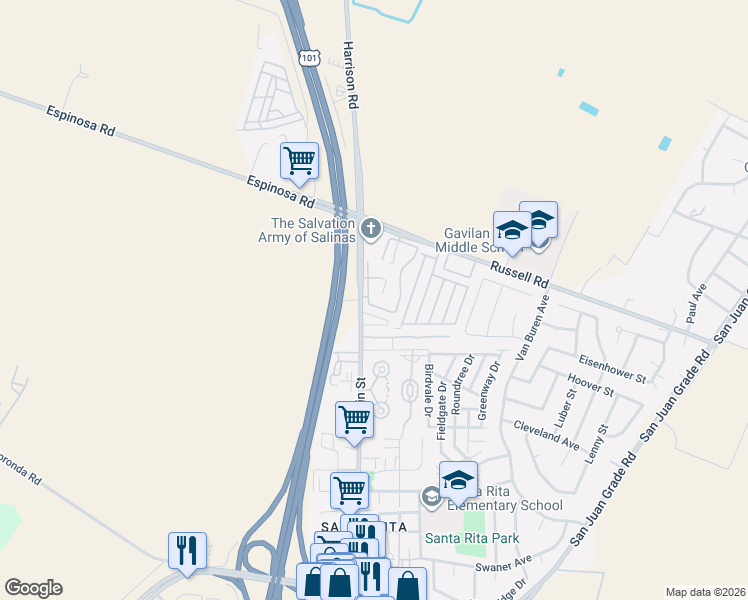 map of restaurants, bars, coffee shops, grocery stores, and more near 2398 North Main Street in Salinas