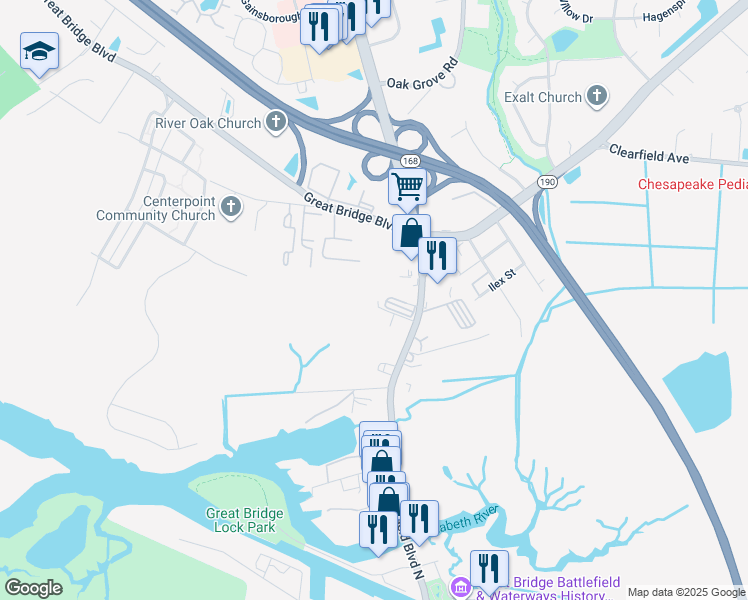 map of restaurants, bars, coffee shops, grocery stores, and more near 132 Northfield St in Chesapeake