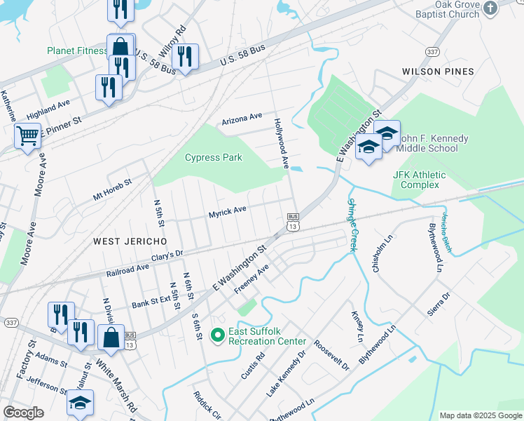 map of restaurants, bars, coffee shops, grocery stores, and more near 321 Bullock Street in Suffolk