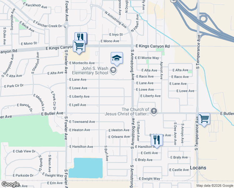 map of restaurants, bars, coffee shops, grocery stores, and more near 6405 East Lowe Avenue in Fresno