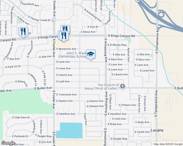 map of restaurants, bars, coffee shops, grocery stores, and more near 6331 East Lowe Avenue in Fresno