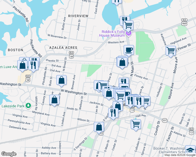 map of restaurants, bars, coffee shops, grocery stores, and more near 223 Chestnut Street in Suffolk