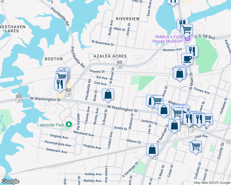 map of restaurants, bars, coffee shops, grocery stores, and more near 552 1st Avenue in Suffolk