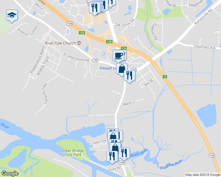 map of restaurants, bars, coffee shops, grocery stores, and more near 132 Northfield St in Chesapeake