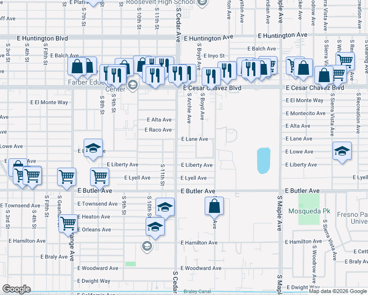 map of restaurants, bars, coffee shops, grocery stores, and more near 4226 East Lane Avenue in Fresno