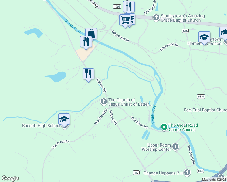 map of restaurants, bars, coffee shops, grocery stores, and more near 96 Riverside Drive in Bassett