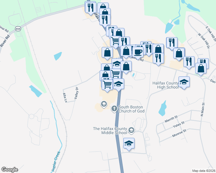 map of restaurants, bars, coffee shops, grocery stores, and more near 3112 Halifax Road in South Boston