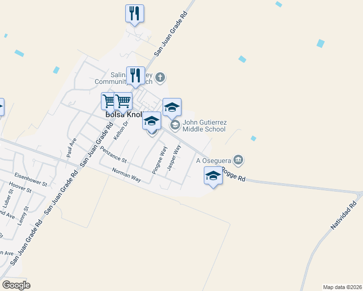 map of restaurants, bars, coffee shops, grocery stores, and more near 12791 Jasper Way in Salinas