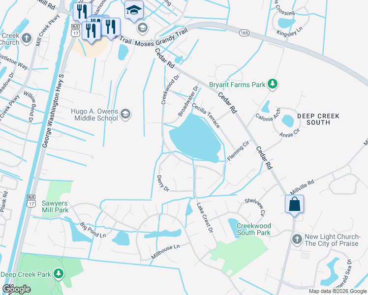 map of restaurants, bars, coffee shops, grocery stores, and more near 525 Creekwood Drive in Chesapeake