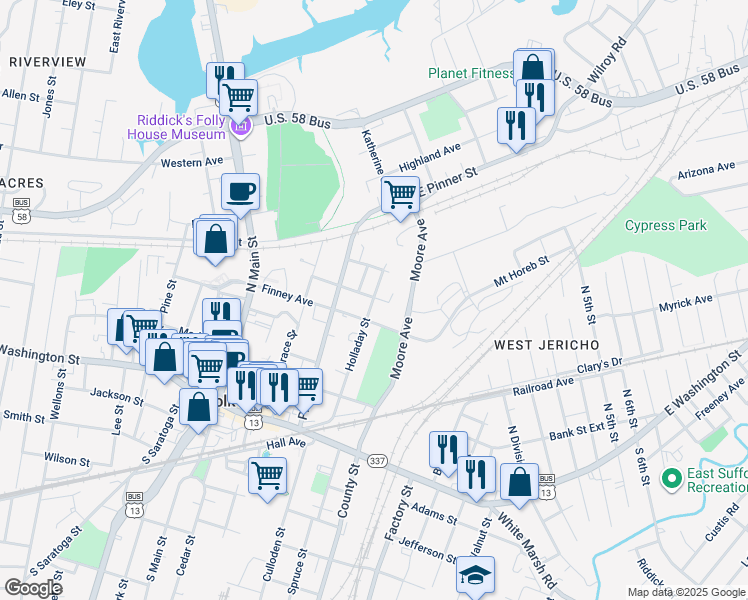 map of restaurants, bars, coffee shops, grocery stores, and more near 326 Central Avenue in Suffolk