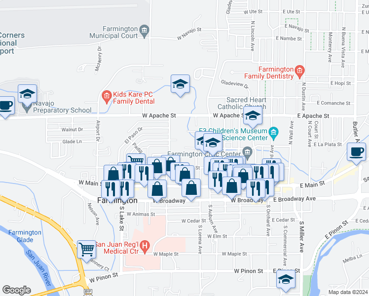 map of restaurants, bars, coffee shops, grocery stores, and more near 691 West La Plata Street in Farmington