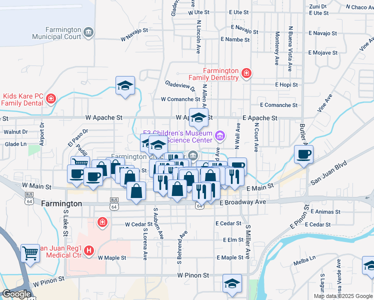 map of restaurants, bars, coffee shops, grocery stores, and more near 298 West La Plata Street in Farmington