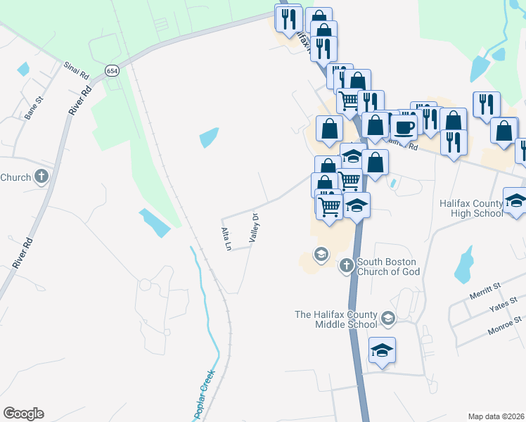 map of restaurants, bars, coffee shops, grocery stores, and more near 350-398 Powell Road in South Boston