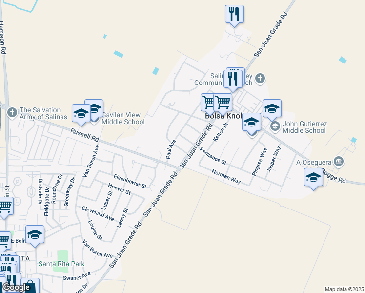 map of restaurants, bars, coffee shops, grocery stores, and more near 8 Newlyn Street in Salinas