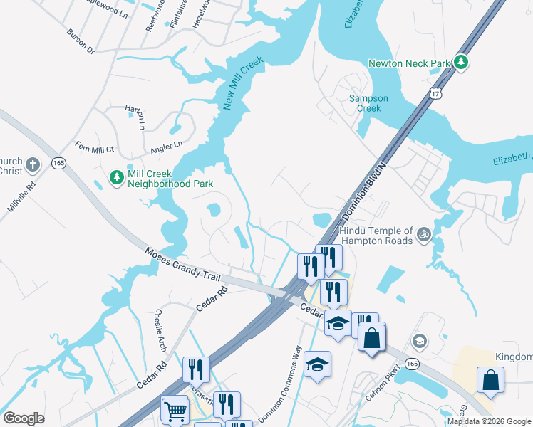 map of restaurants, bars, coffee shops, grocery stores, and more near 1705 Bluecastle Way in Chesapeake