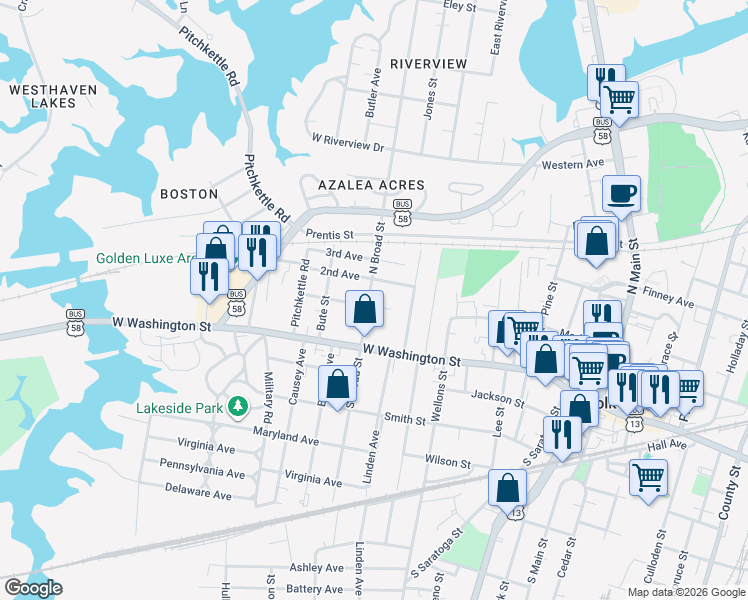 map of restaurants, bars, coffee shops, grocery stores, and more near 204 North Broad Street in Suffolk