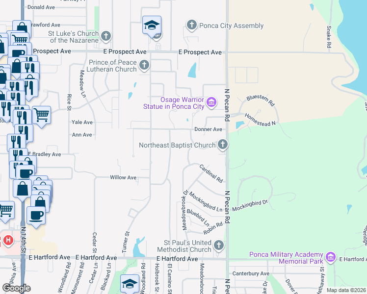 map of restaurants, bars, coffee shops, grocery stores, and more near 2312 Skylark Road in Ponca City