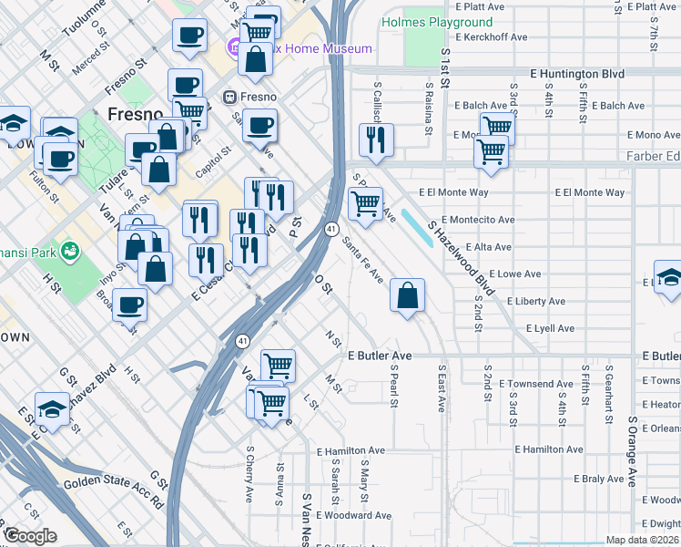 map of restaurants, bars, coffee shops, grocery stores, and more near 339 P Street in Fresno