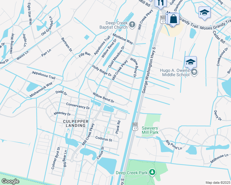 map of restaurants, bars, coffee shops, grocery stores, and more near 3124 Hunters Glen Court in Chesapeake